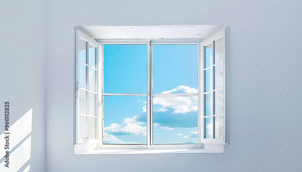 view of nice big white openned window on white wall with blue sky seen through view of nice big white openned window on white wall with blue sky seen through