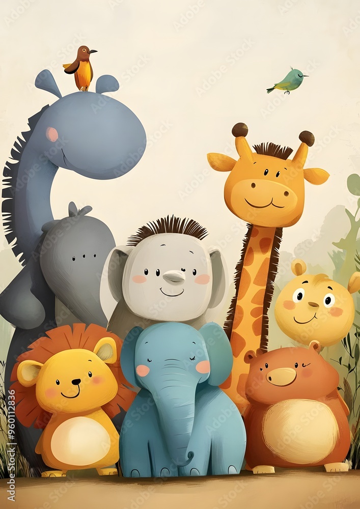 Naklejka premium A group of adorable cartoon animals, including a giraffe, lion, elephant, and a hippo, all smiling and looking happy.