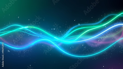 Ethereal Neon Blue and Green Light Curves with Tiny Glowing Particles