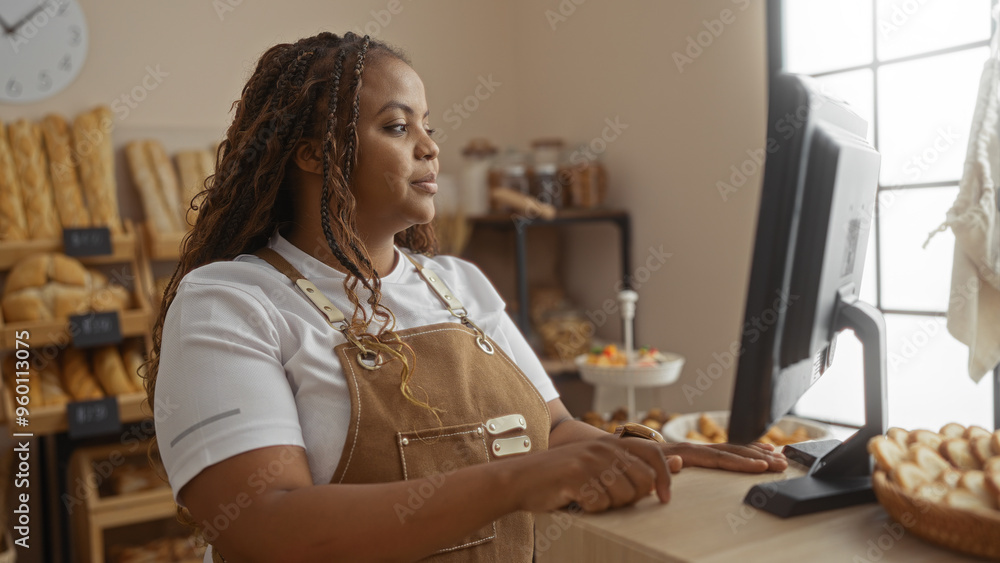 Woman working in a bakery shop, an african american plus-size adult wearing an apron stands by the counter, surrounded by bread and using a computer. Woman working in a bakery shop, an african american plus-size adult wearing an apron stands by the counter, surrounded by bread and using a computer.