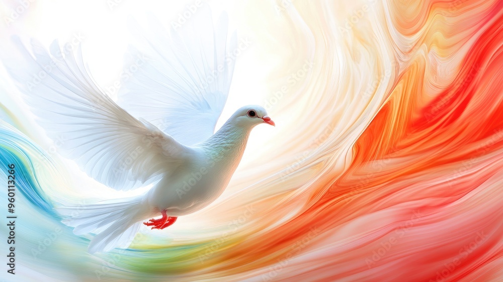 Obraz premium White dove soaring amidst swirling, whimsical colors in the sky, set against a dynamic white background, creating a striking visual