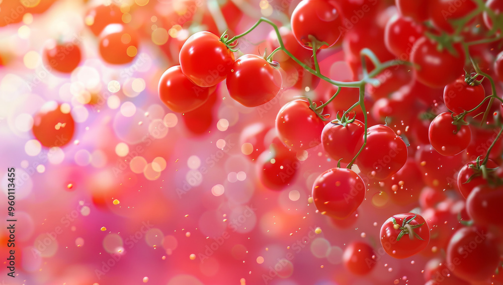 Vibrant food background with an explosion of cherry tomatoes, creating a lively and colorful display. The backdrop is filled with splashes of red and pink hues Vibrant food background with an explosion of cherry tomatoes, creating a lively and colorful display. The backdrop is filled with splashes of red and pink hues