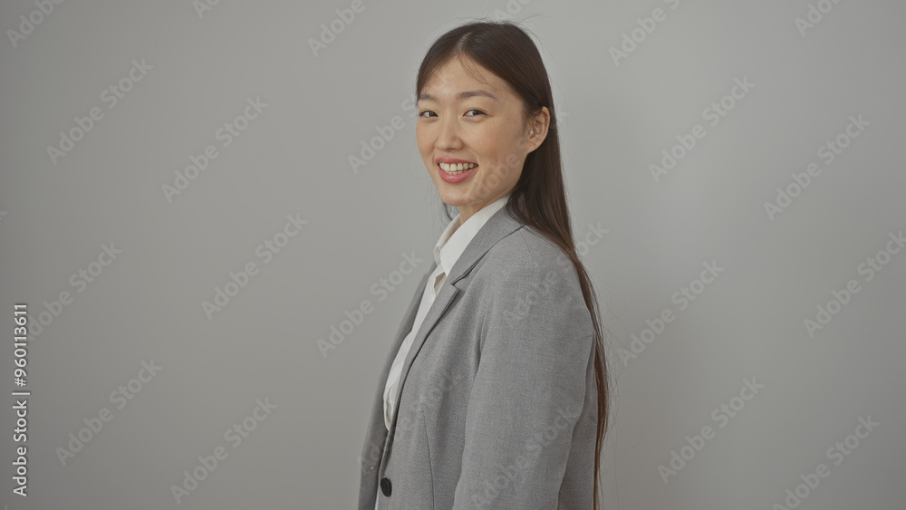 Portrait of a young asian woman smiling, dressed in a business suit over isolated white background Portrait of a young asian woman smiling, dressed in a business suit over isolated white background