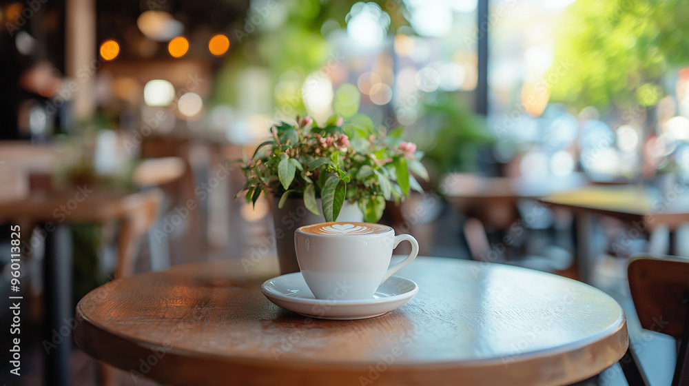 A cup of coffee rests on a wooden table at the cafe. A cup of coffee rests on a wooden table at the cafe.
