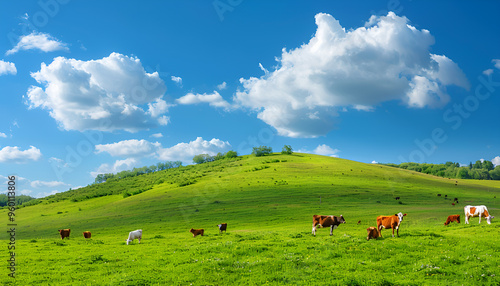 view of nice green hill with cows on blue sky background, summer day