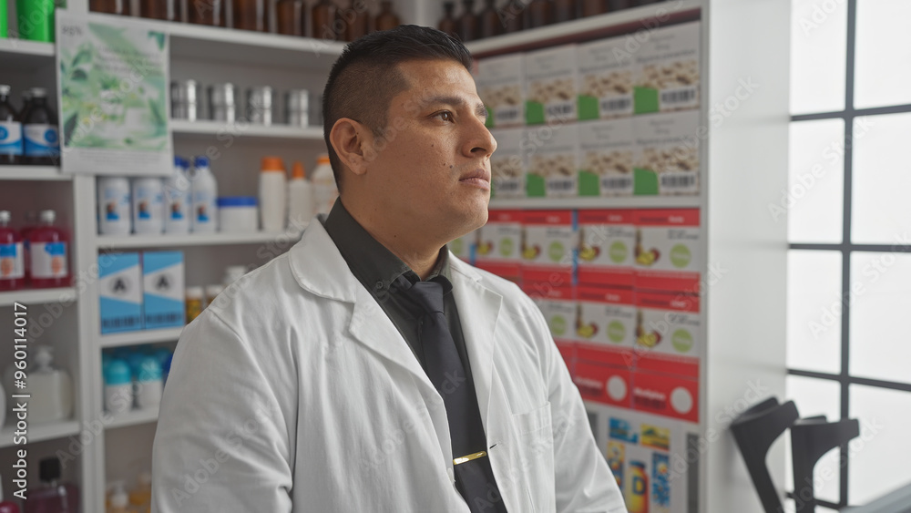 Hispanic man in white coat stands thoughtfully in a pharmacy with shelves of medications and health products. Hispanic man in white coat stands thoughtfully in a pharmacy with shelves of medications and health products.