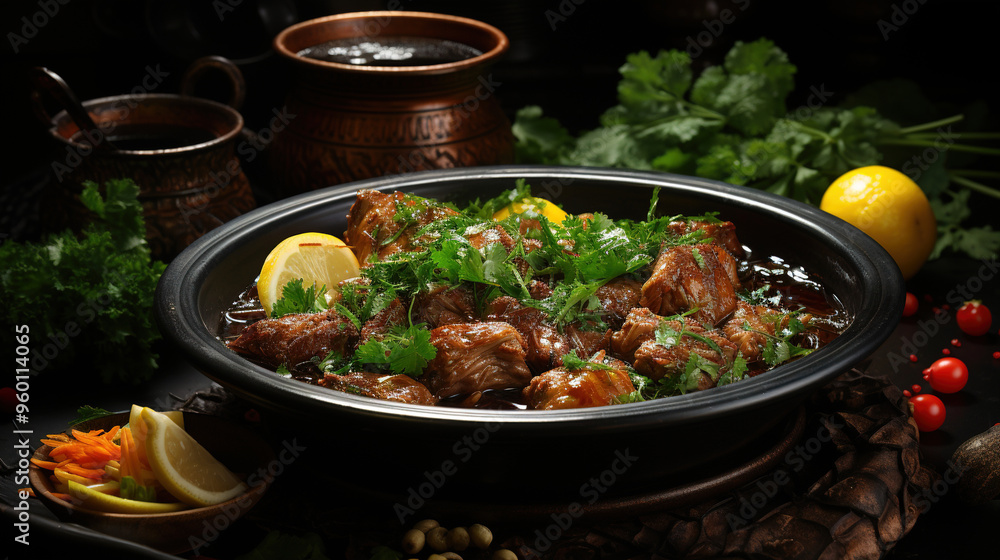 Veal Stew with Fork Knife and Condiments On Dark Black Blurry Background Veal Stew with Fork Knife and Condiments On Dark Black Blurry Background