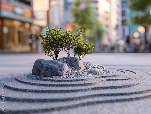 Peaceful Zen garden in bustling city square