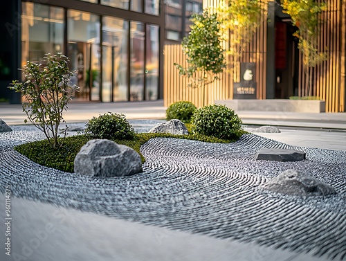 Zen garden with gravel patterns in urban setting