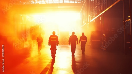 Fire safety drill with firefighters walking through smoke-filled corridor in bright sunlight