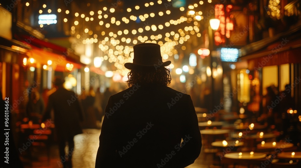 Within the dimly lit city alley, a mysterious man clad in a black coat and top hat strolls alone, evoking the ambiance of a cinematic historical thriller set in the 19th or 18th century. Within the dimly lit city alley, a mysterious man clad in a black coat and top hat strolls alone, evoking the ambiance of a cinematic historical thriller set in the 19th or 18th century.