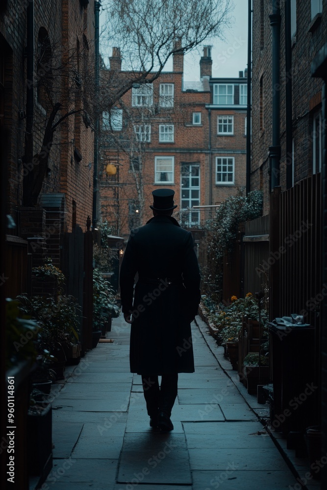 Within the dimly lit city alley, a mysterious man clad in a black coat and top hat strolls alone, evoking the ambiance of a cinematic historical thriller set in the 19th or 18th century. Within the dimly lit city alley, a mysterious man clad in a black coat and top hat strolls alone, evoking the ambiance of a cinematic historical thriller set in the 19th or 18th century.