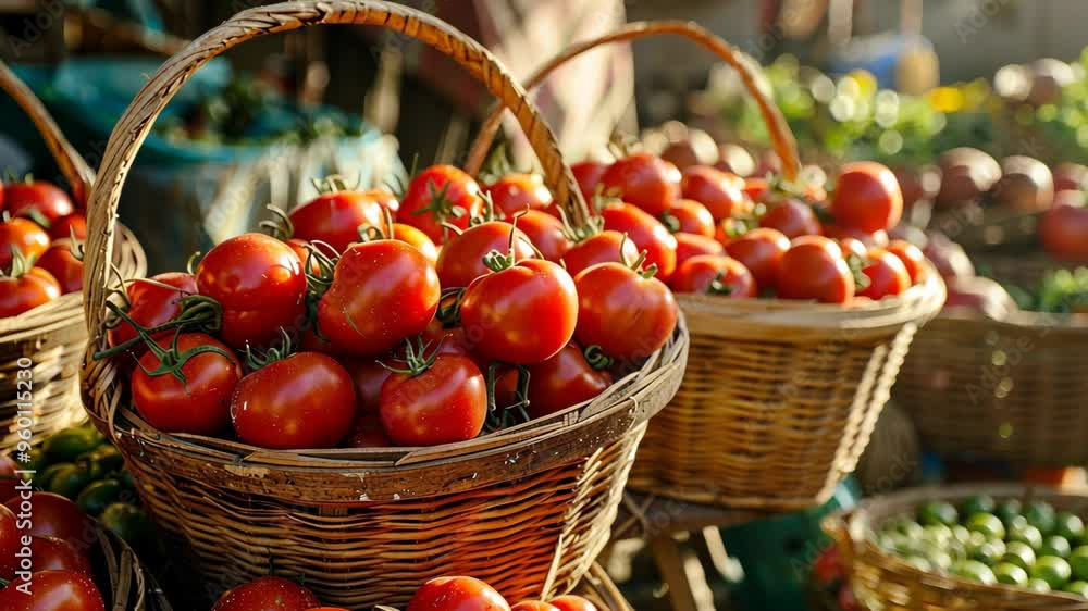 Fresh tomatoes in woven baskets at a bustling local market in the early morning light Fresh tomatoes in woven baskets at a bustling local market in the early morning light