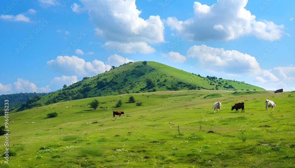 view of nice green hill with cows on blue sky background, summer day view of nice green hill with cows on blue sky background, summer day