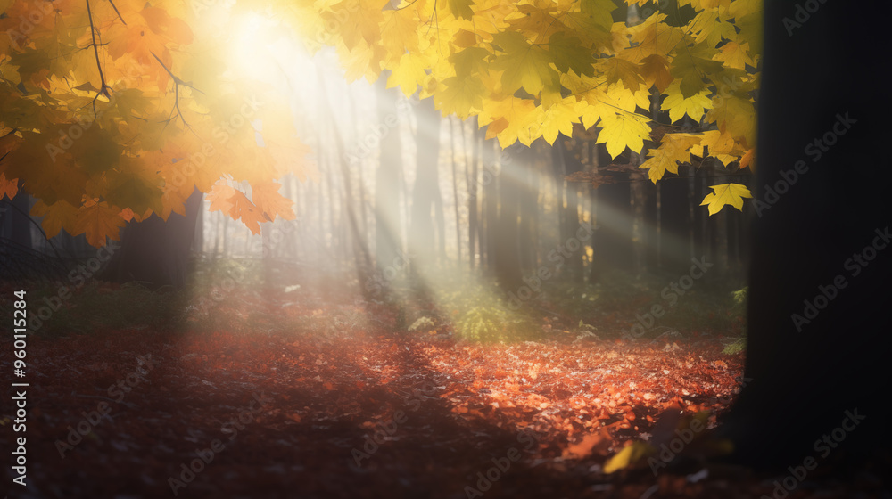 Fototapeta premium Golden Light Shining Through Autumn Leaves In A Quiet Forest