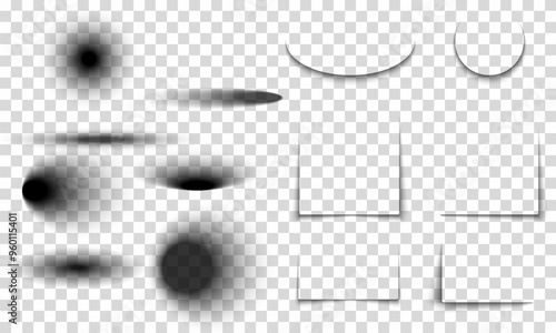 Shadow effect on a transparent background. Shadow strips. Set of transparent shadows. Different shapes, page separation vectors. Round and oval, square, rectangular shadows. Vector illustrat