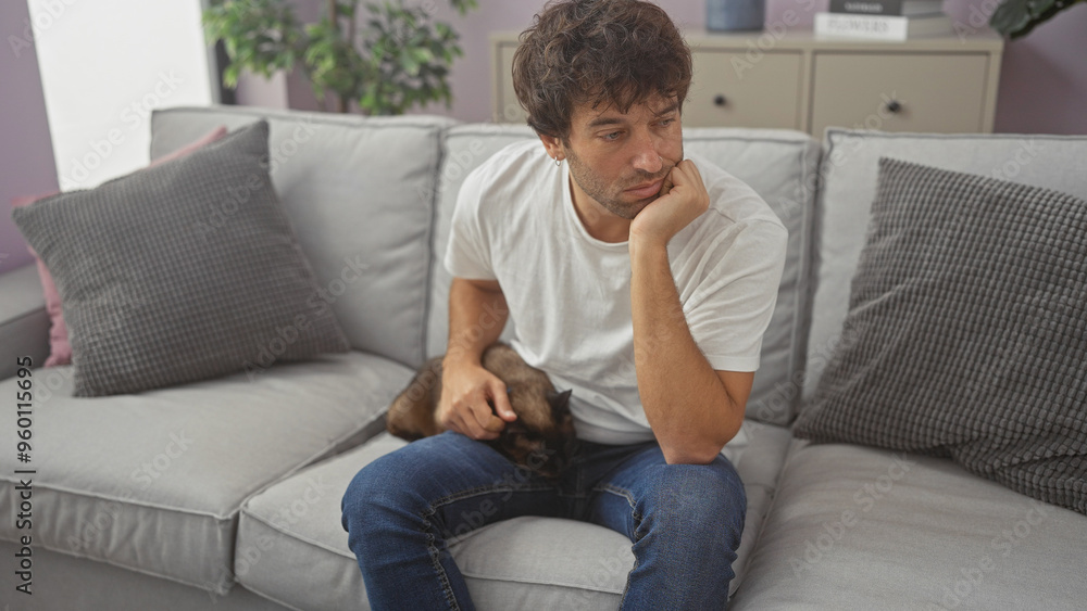 A contemplative young hispanic man strokes his pet cat while sitting on a couch indoors. A contemplative young hispanic man strokes his pet cat while sitting on a couch indoors.
