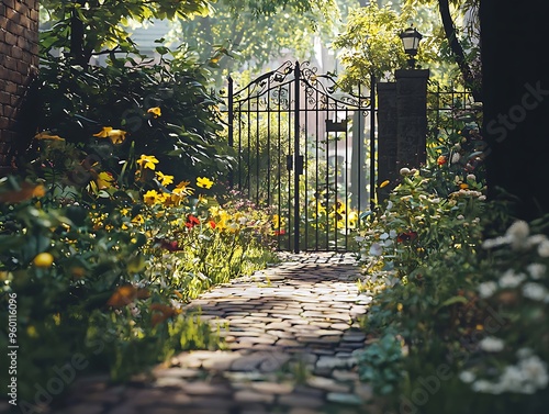 Hidden garden behind gate with overgrown plants