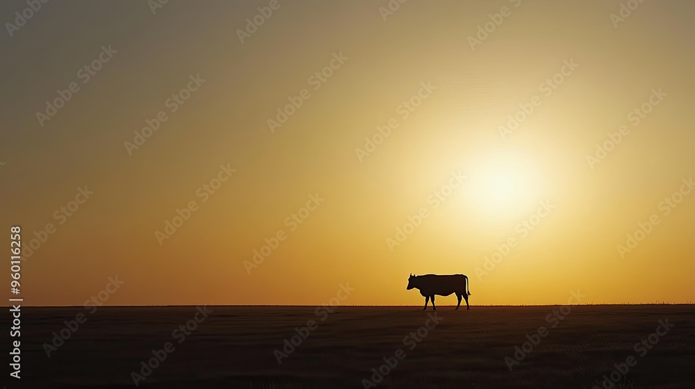 A lone cow standing against a stark horizon, casting a long shadow in the setting sun, creating a powerful and minimalist image.