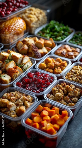 A variety of Thanksgiving leftovers in clear containers, featuring stuffing, cranberry sauce, carrots, and more.