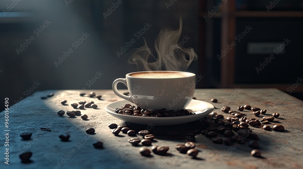 A steaming espresso cup placed on a saucer, surrounded by coffee beans, capturing the essence of a morning ritual. A steaming espresso cup placed on a saucer, surrounded by coffee beans, capturing the essence of a morning ritual.