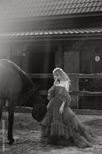 Portrait of beautiful blonde curl woman in dress, accessories with horse