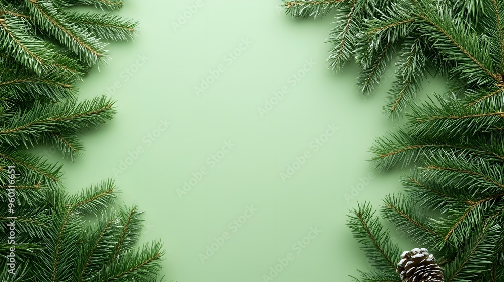 Christmas pine branches on light green background on left side, overhead view, minimalist holiday composition, evergreen sprigs, festive flat lay, soft lighting. Christmas pine branches on light green background on left side, overhead view, minimalist holiday composition, evergreen sprigs, festive flat lay, soft lighting.
