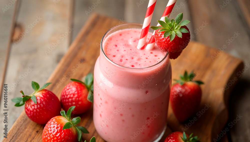 Strawberry smoothie with straw on wooden board. Healthy cocktails. Proper nutrition. Health and body care Strawberry smoothie with straw on wooden board. Healthy cocktails. Proper nutrition. Health and body care