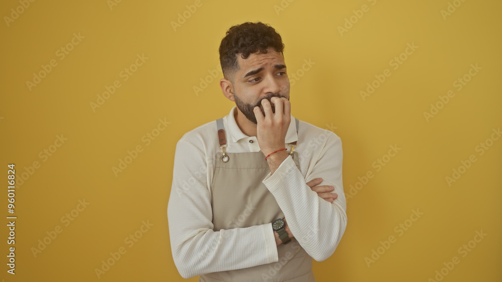 A pensive young hispanic man with a beard wearing a beige apron over a sweater, isolated against a yellow background. A pensive young hispanic man with a beard wearing a beige apron over a sweater, isolated against a yellow background.