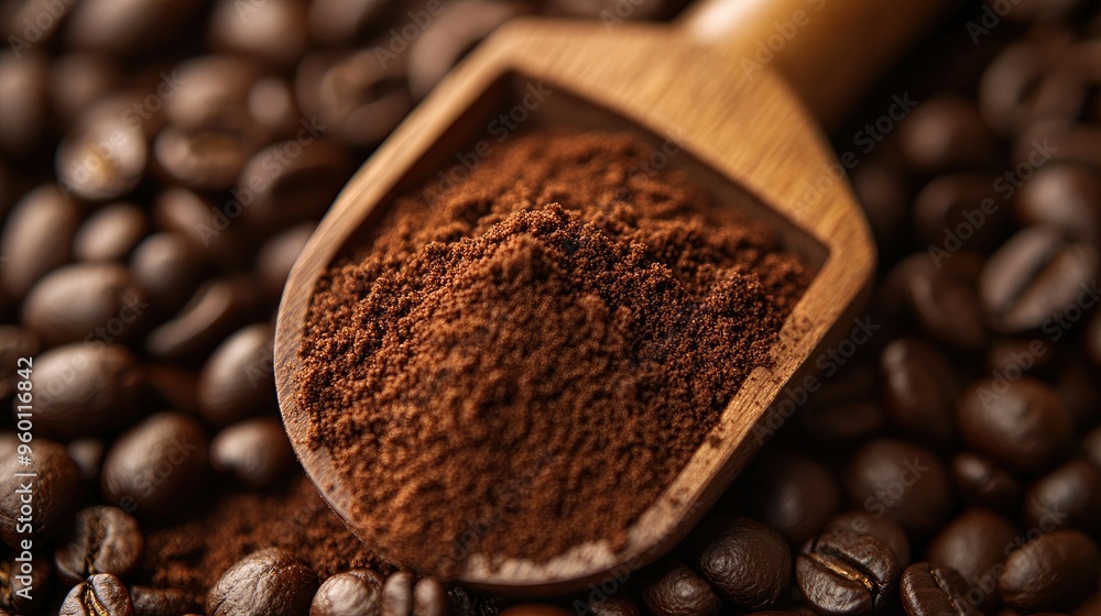 Close-up of freshly ground coffee in a wooden scoop, with beans scattered around, emphasizing the rich aroma. Close-up of freshly ground coffee in a wooden scoop, with beans scattered around, emphasizing the rich aroma.
