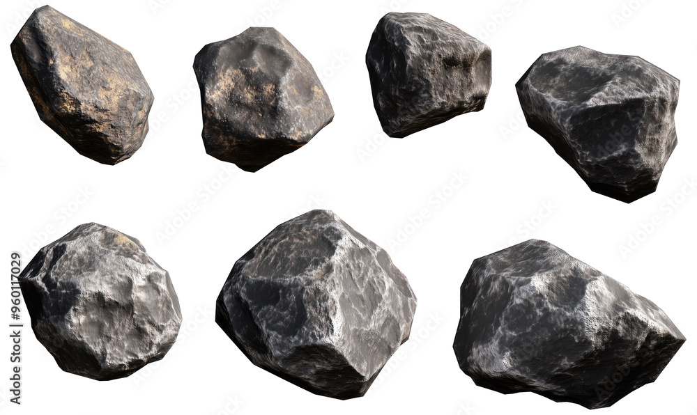 Set di rocce irregolari e realistiche, rappresentate in diverse angolazioni, perfette per scenari naturali o spaziali. Cut out Set di rocce irregolari e realistiche, rappresentate in diverse angolazioni, perfette per scenari naturali o spaziali. Cut out