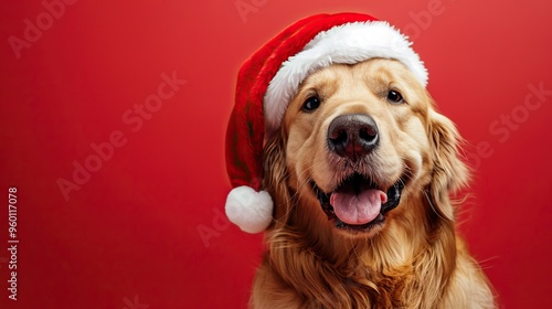 A cheerful golden retriever wearing a Santa hat, perfect for holiday-themed projects and festive pet promotions. photo