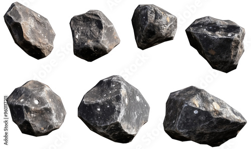 Set di rocce irregolari e realistiche, rappresentate in diverse angolazioni, perfette per scenari naturali o spaziali. Cut out