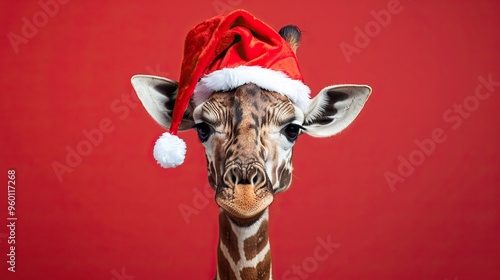 A festive giraffe wearing a Santa hat against a vibrant red background, perfect for holiday-themed projects and designs.