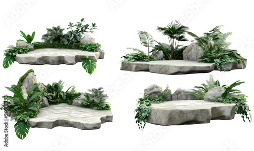 Set di piattaforme di pietra decorate con rigogliosa vegetazione tropicale, perfette per ambientazioni esotiche e naturali., cut out.