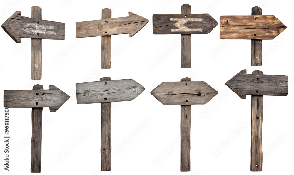 Set di cartelli in legno invecchiato con frecce direzionali, perfetti per scenari vintage e avventure rustiche. Cut out Set di cartelli in legno invecchiato con frecce direzionali, perfetti per scenari vintage e avventure rustiche. Cut out