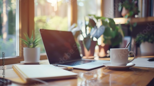 A cozy home office workspace with a laptop, notebook, and a cup of coffee.