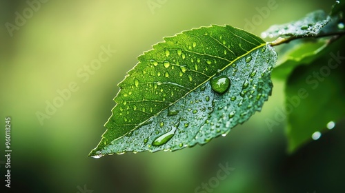 A lush green leaf with water droplets, close-up, the vibrant color symbolizing freshness and nature