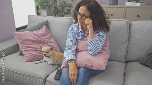 Fotografie A pensive middle-aged woman sits crying on a couch beside a chihuahua in a moder