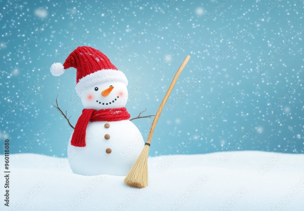 Christmas and happy new year greeting card with copy space. Christmas background with a snowman and a broom on a snowy landscape, with copy space for text. Winter Christmas card design. Christmas and happy new year greeting card with copy space. Christmas background with a snowman and a broom on a snowy landscape, with copy space for text. Winter Christmas card design.