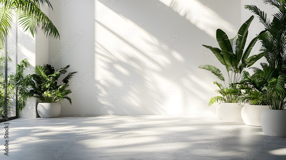 Fototapeta premium Minimalist interior with pure white wall, tropical plants on sides, polished concrete floor, natural sunlight, shadow play, modern architectural design, empty space.