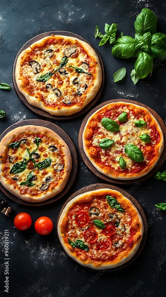 Pizza Photos, Four Cheese Pizza with Mushrooms and Basil on Black Background Pizza Photos, Four Cheese Pizza with Mushrooms and Basil on Black Background