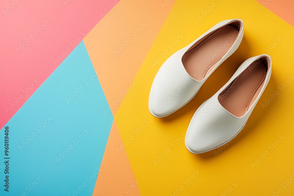White Leather Slip-on Shoes on a Colorful Background White Leather Slip-on Shoes on a Colorful Background
