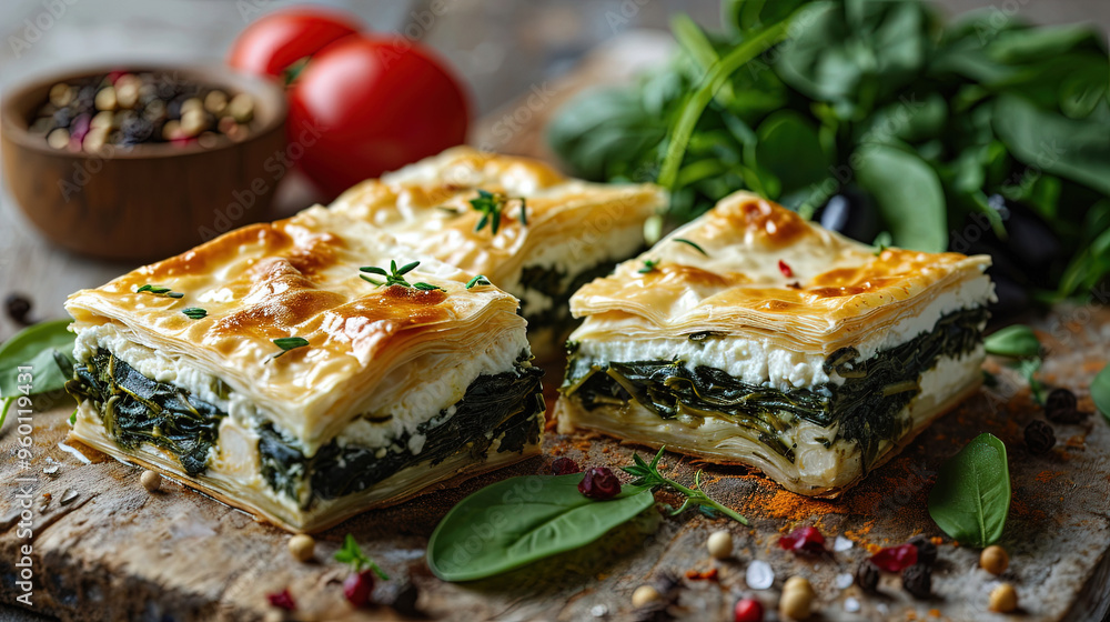 Closeup of Delicious Golden Brown Spanakopita Slices On Blurry Background Closeup of Delicious Golden Brown Spanakopita Slices On Blurry Background