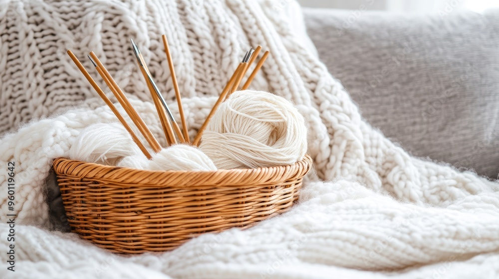 A armchair in a living room features a ball of yarn and a soft white blanket, creating a warm and inviting space perfect for knitting and relaxation A armchair in a living room features a ball of yarn and a soft white blanket, creating a warm and inviting space perfect for knitting and relaxation