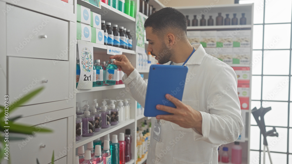 A young hispanic man working in a pharmacy, examining products while holding a tablet. A young hispanic man working in a pharmacy, examining products while holding a tablet.