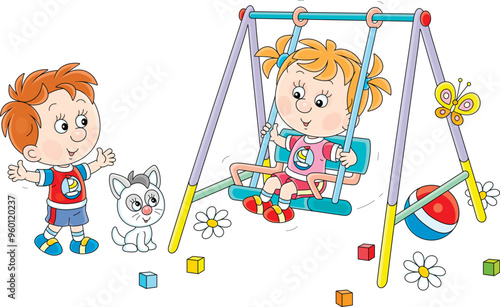 Happy little boy and girl p...