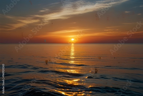 Sunset or sunrise moment over the ocean with sun touching the horizon line on the water - romantic and touristic concept for travel vacation background Generative AI