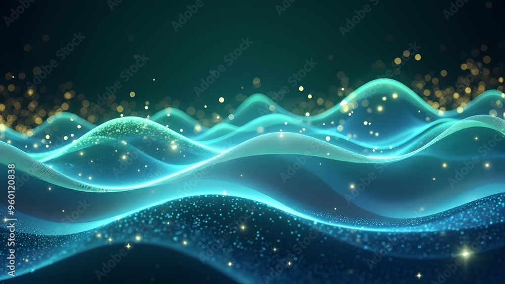 Undulating Waves of Blue and Green Light with Glowing Sparkles Undulating Waves of Blue and Green Light with Glowing Sparkles