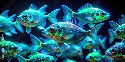 Vibrant bioluminescent lantern fish swim together in a mesmerizing school, their iridescent blue-green scales glowing in the dark, mystical underwater world of the ocean depths.